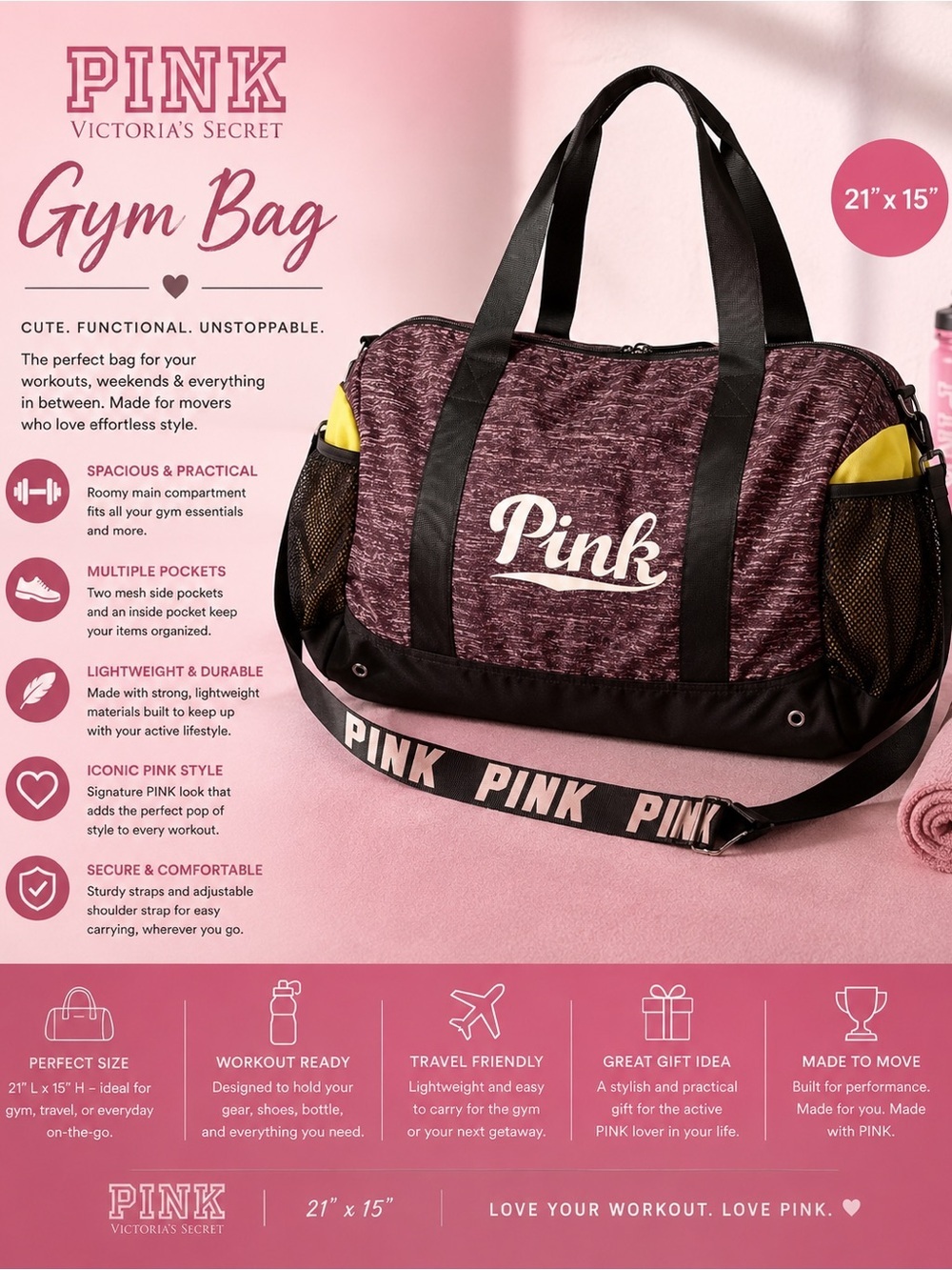PINK Victoria's Secret Marled Burgundy GYM Tote Bag no stains or wear 21”x15”